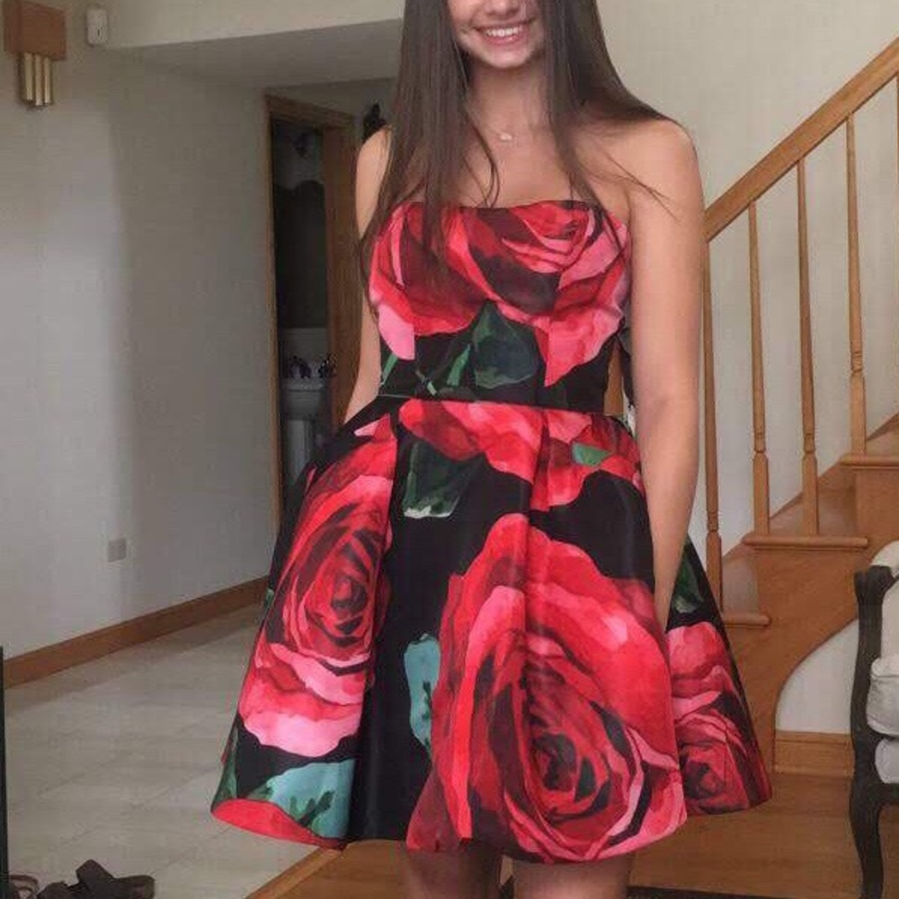 Sherri Hill Rose Pattern Strapless Short Dress